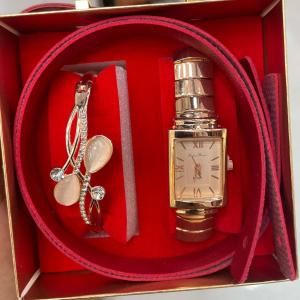 Luxury Women Gift Set | Square Dial Watch + Bracelet + Belt Combo
